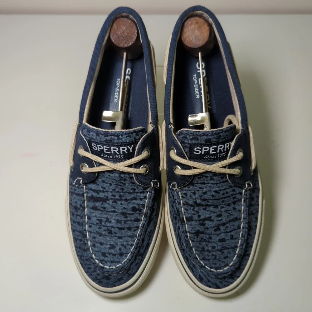 Sperry Top-Sider Bahama Boat Shoes Indigo Blue Koi Canvas 2 Eye Apron Toe Mens 7